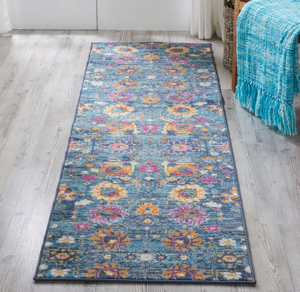 2’ x 10’ Denim Blue Florals Distressed Runner Rug