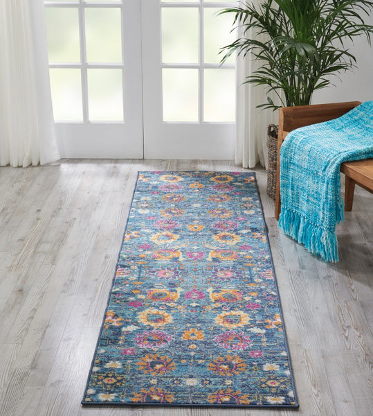 2’ x 10’ Denim Blue Florals Distressed Runner Rug