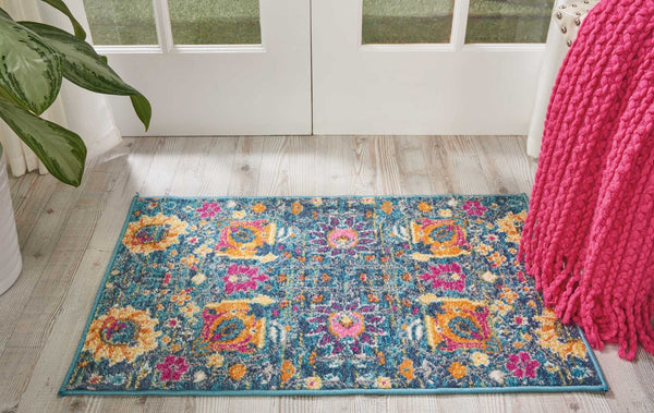 2’ x 3’ Denim Blue Florals Distressed Scatter Rug