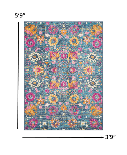 4’ x 6’ Denim Blue Florals Distressed Area Rug