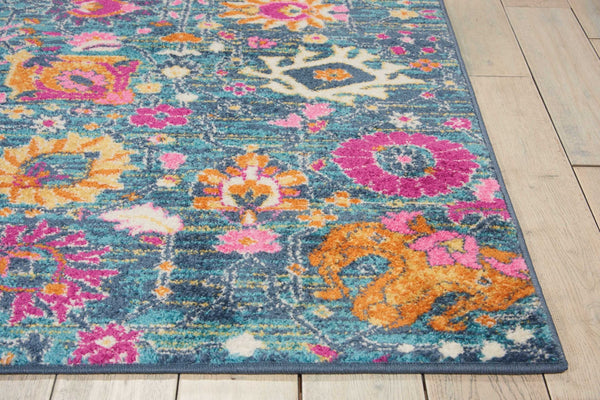 4’ x 6’ Denim Blue Florals Distressed Area Rug