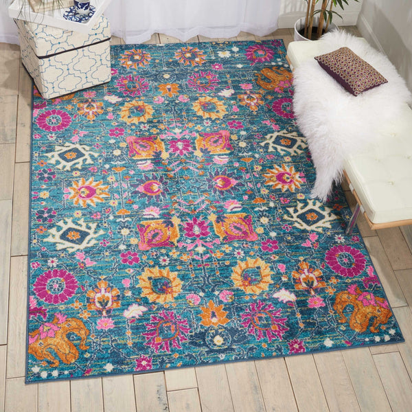 4’ x 6’ Denim Blue Florals Distressed Area Rug