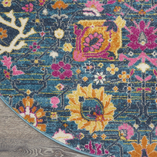 4’ Round Denim Blue Florals Distressed Area Rug