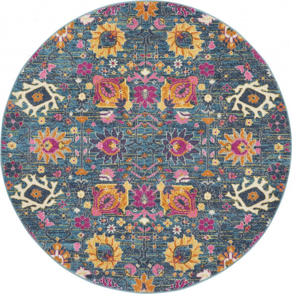 4’ Round Denim Blue Florals Distressed Area Rug