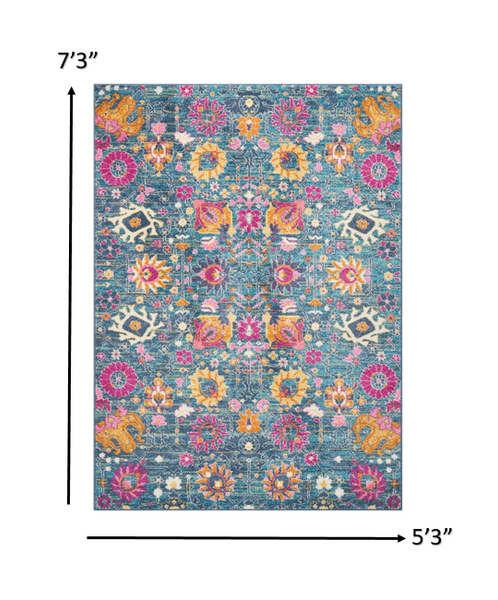 5’ x 7’ Denim Blue Florals Distressed Area Rug