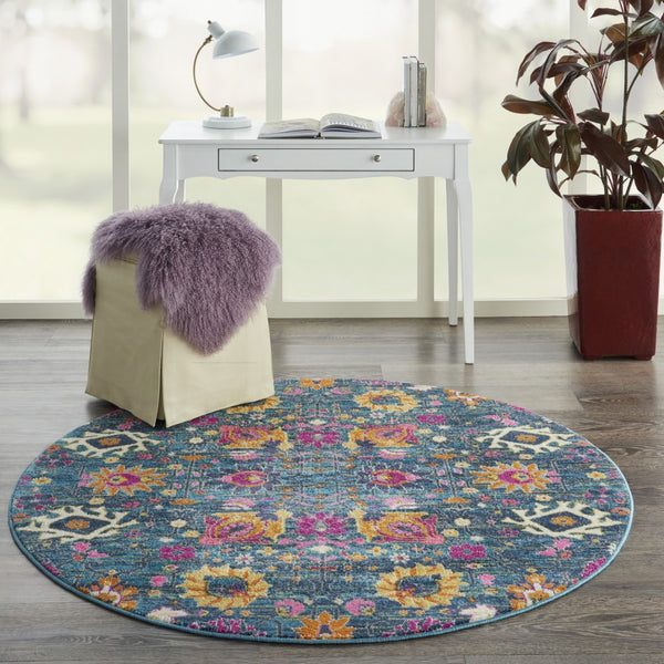 5’ Round Denim Blue Florals Distressed Area Rug