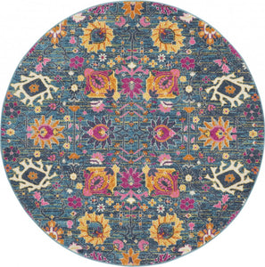 5’ Round Denim Blue Florals Distressed Area Rug