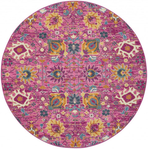 5’ Round Fuchsia and Orange Distressed Area Rug