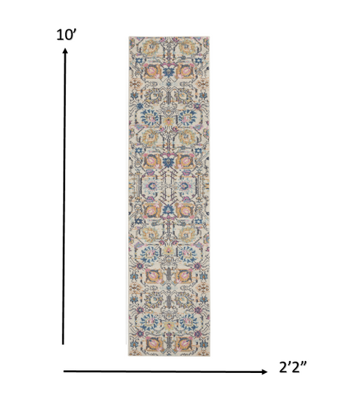 2’ x 10’ Ivory and Multicolor Floral Buds Runner Rug