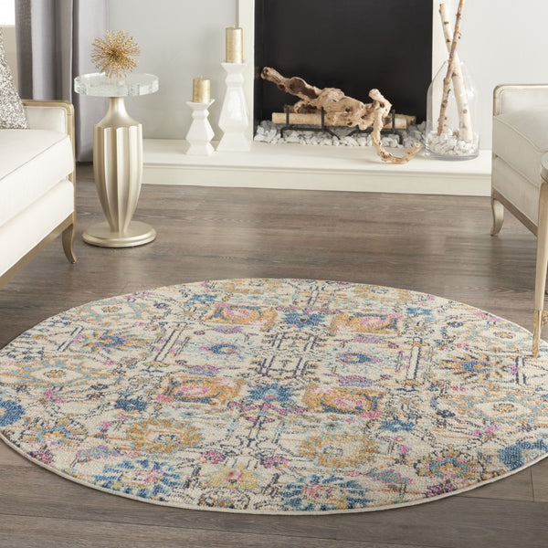 4’ Round Ivory and Multicolor Floral Buds Area Rug