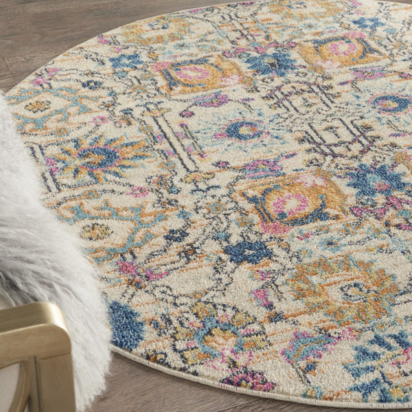 4’ Round Ivory and Multicolor Floral Buds Area Rug