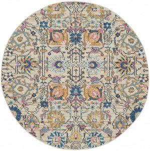 4’ Round Ivory and Multicolor Floral Buds Area Rug