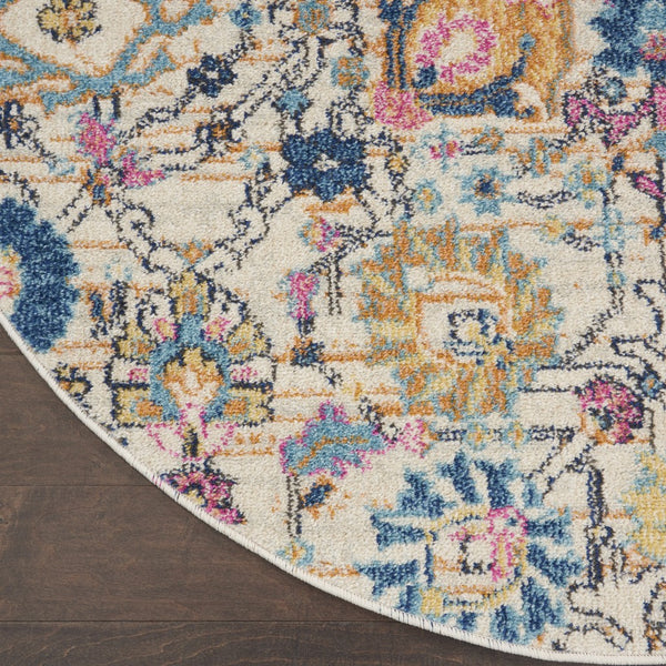 5’ Round Ivory and Multicolor Floral Buds Area Rug