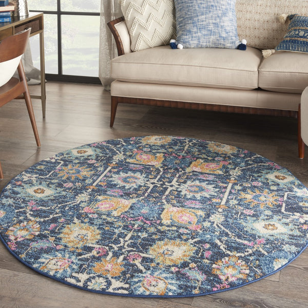 4’ Round Navy Blue Floral Buds Area Rug