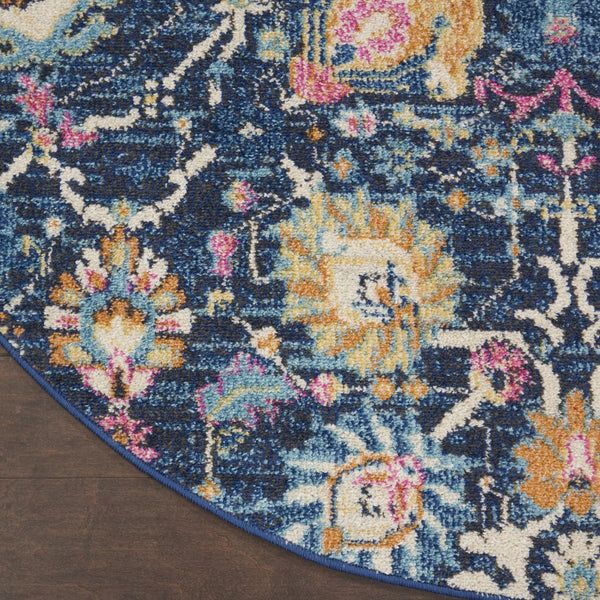 4’ Round Navy Blue Floral Buds Area Rug