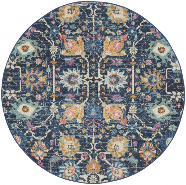 4’ Round Navy Blue Floral Buds Area Rug