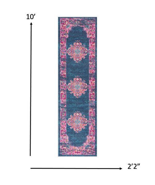 2’ x 10’ Blue and Pink Medallion Runner Rug