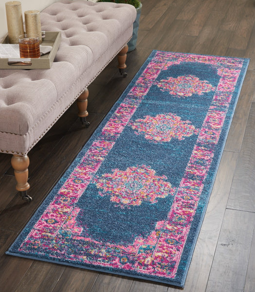 2’ x 10’ Blue and Pink Medallion Runner Rug