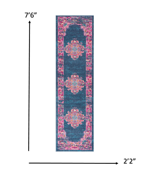 2’ x 8’ Blue and Pink Medallion Runner Rug