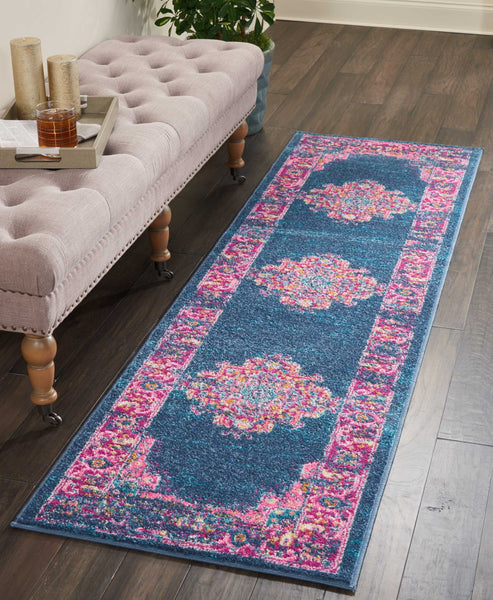 2’ x 8’ Blue and Pink Medallion Runner Rug