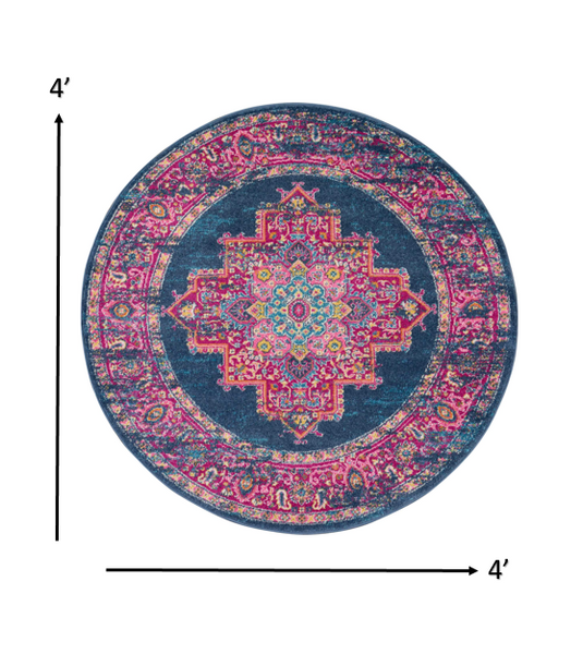 4’ Round Blue and Pink Medallion Area Rug