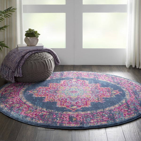 4’ Round Blue and Pink Medallion Area Rug