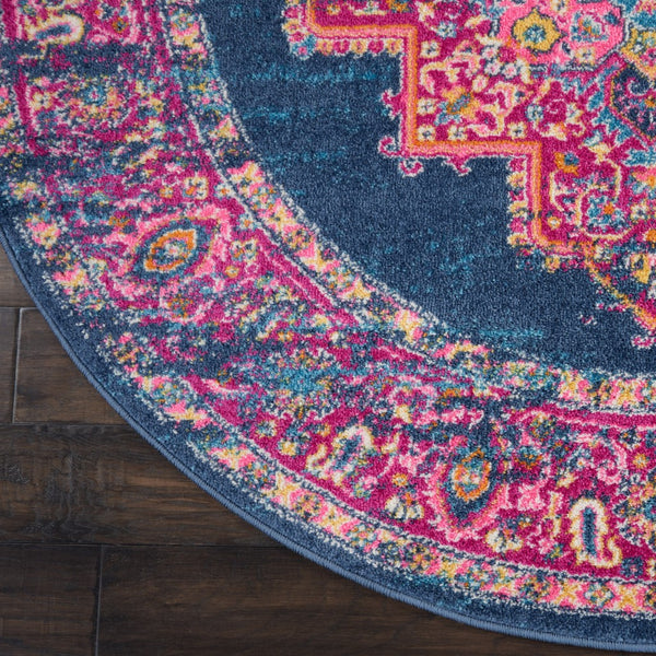 4’ Round Blue and Pink Medallion Area Rug