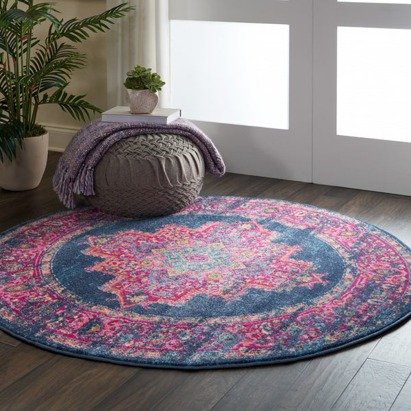 5’ Round Blue and Pink Medallion Area Rug