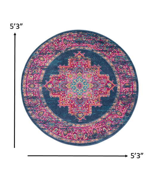 5’ Round Blue and Pink Medallion Area Rug