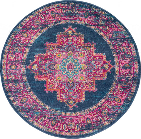 5’ Round Blue and Pink Medallion Area Rug