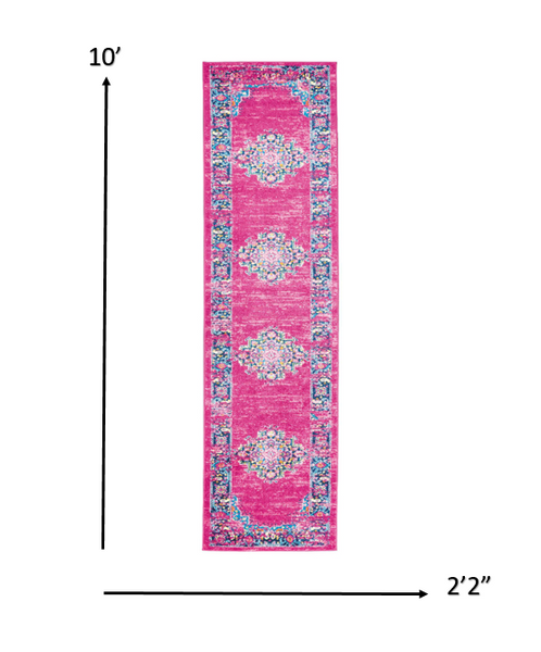 2’ x 10’ Fuchsia and Blue Distressed Runner Rug