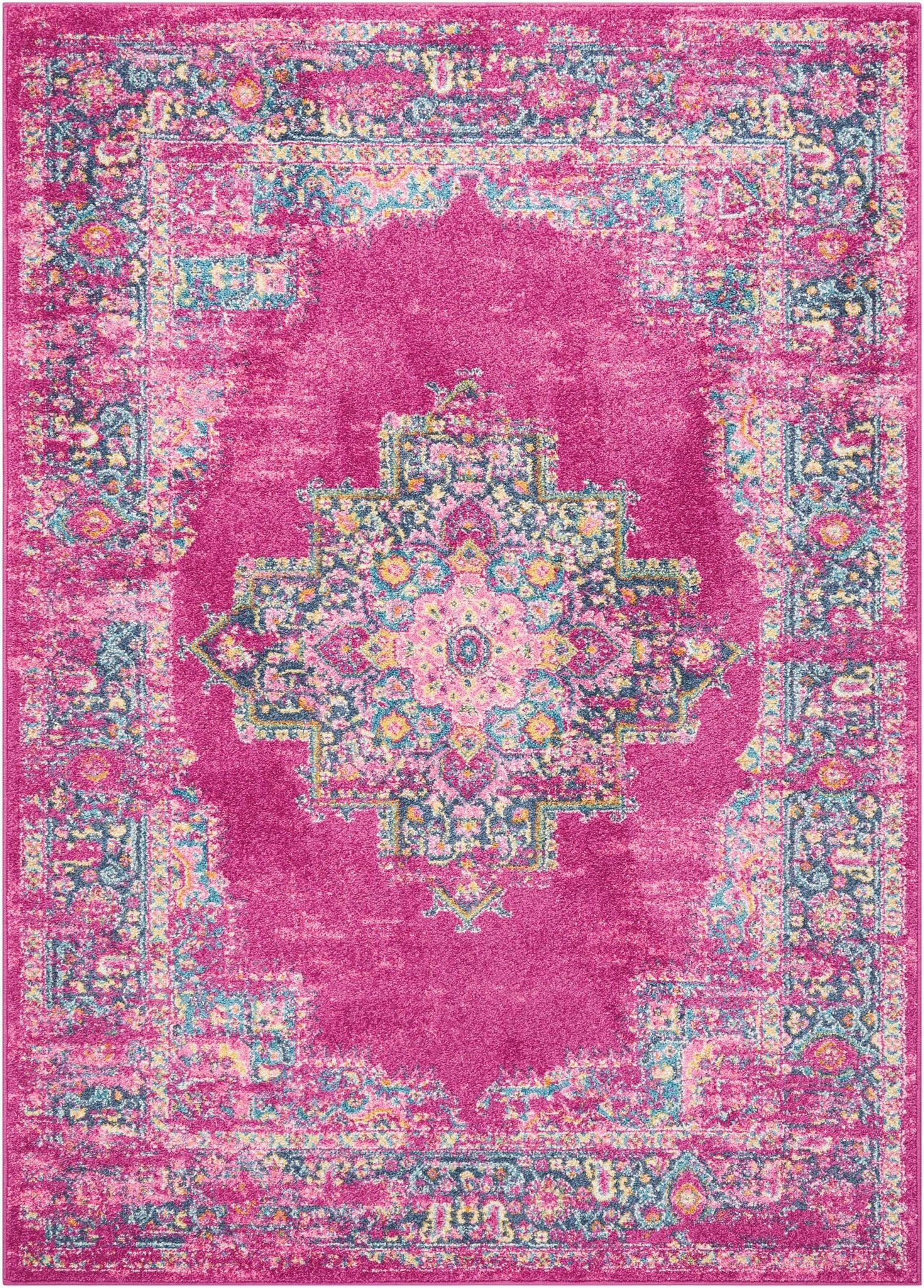 4’ x 6’ Fuchsia and Blue Distressed Area Rug