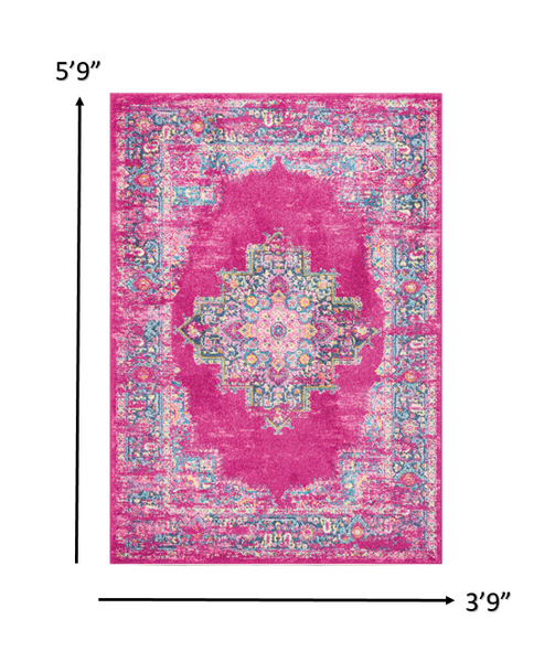 4’ x 6’ Fuchsia and Blue Distressed Area Rug