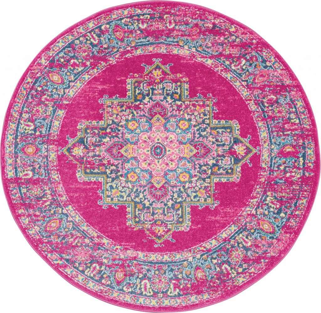 4’ Round Fuchsia and Blue Distressed Area Rug