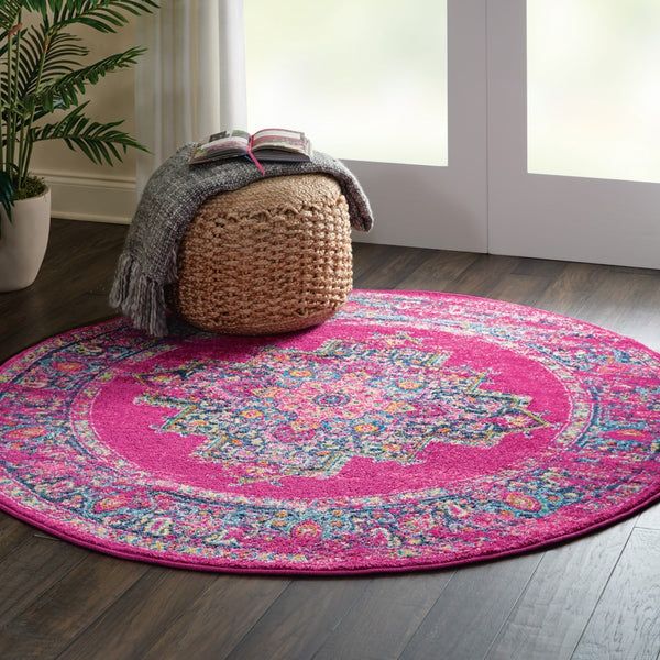 4’ Round Fuchsia and Blue Distressed Area Rug