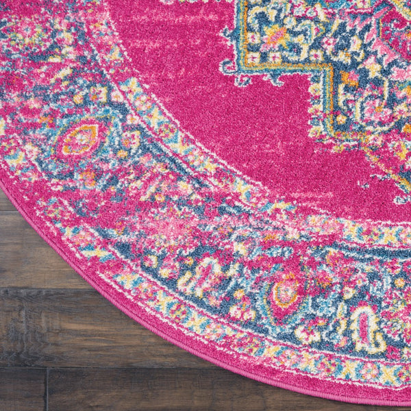 4’ Round Fuchsia and Blue Distressed Area Rug