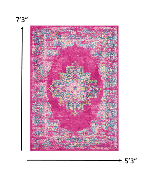 5’ x 7’ Fuchsia and Blue Distressed Area Rug