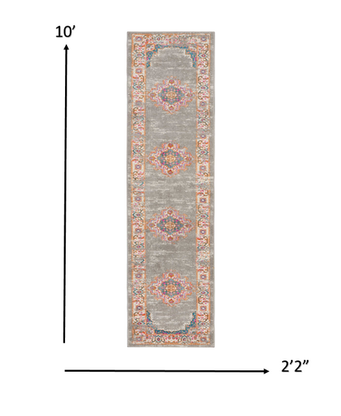 2’ x 10’ Gray and Gold Medallion Runner Rug