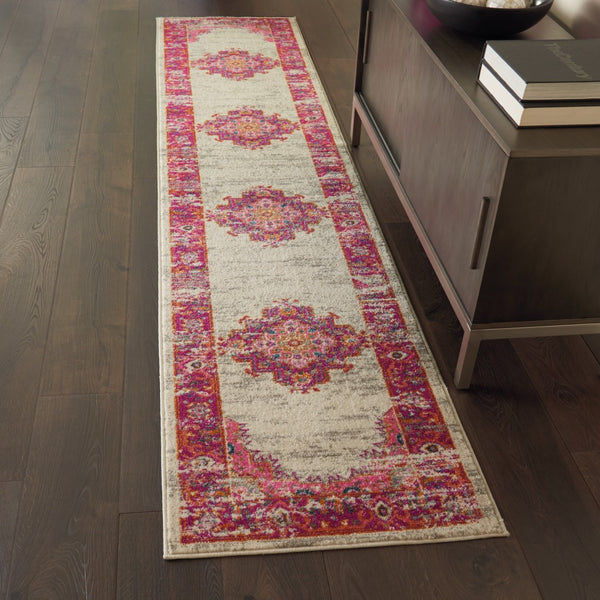 2’ x 10' Ivory and Fuchsia Distressed Runner Rug