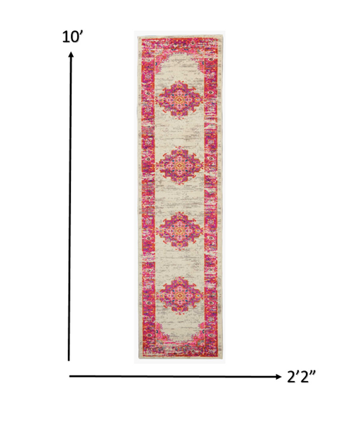 2’ x 10' Ivory and Fuchsia Distressed Runner Rug