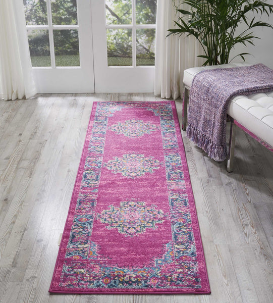 2’ x 8’ Fuchsia and Blue Distressed Runner Rug