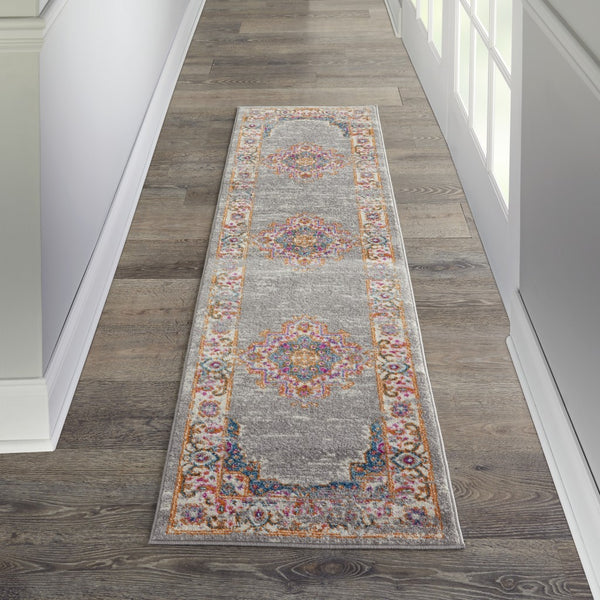 2’ x 8’ Gray and Gold Medallion Runner Rug