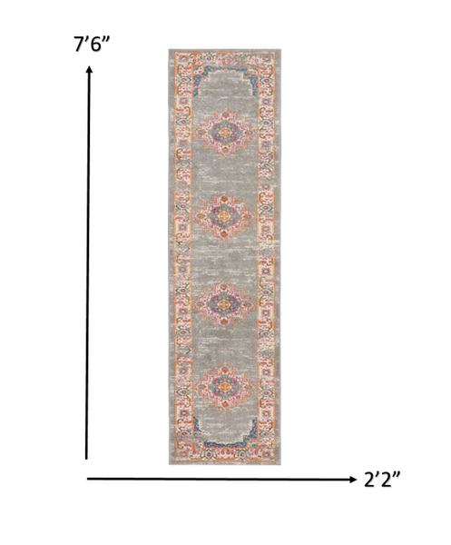 2’ x 8’ Gray and Gold Medallion Runner Rug