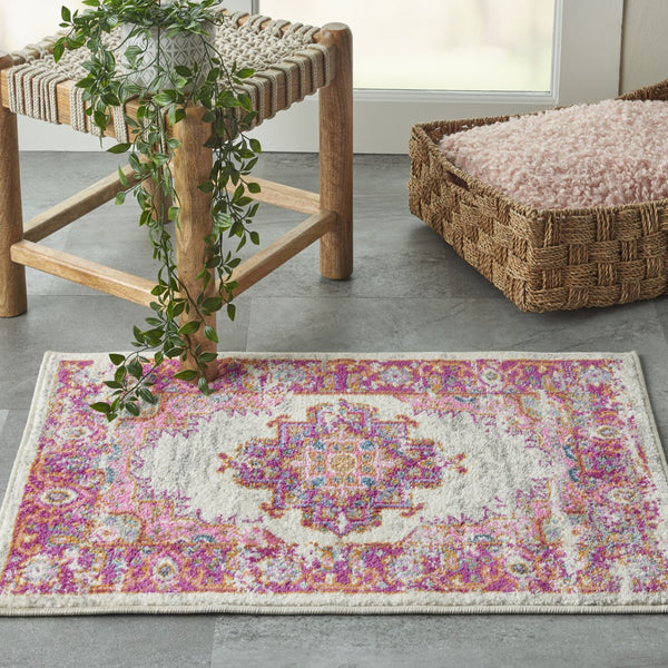 2’ x 3' Ivory and Fuchsia Distressed Scatter Rug