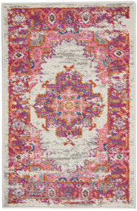 2’ x 3' Ivory and Fuchsia Distressed Scatter Rug