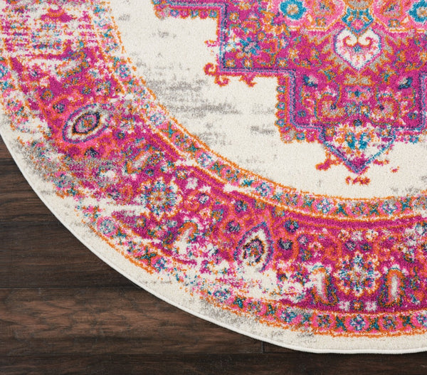 4’ Round Ivory and Fuchsia Distressed Area Rug