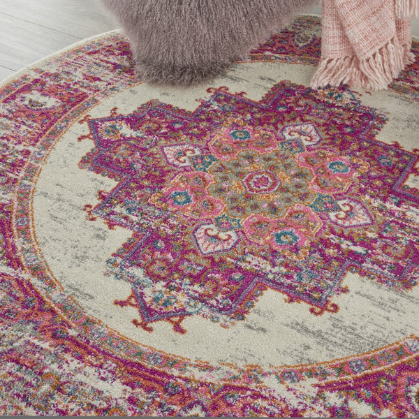 4’ Round Ivory and Fuchsia Distressed Area Rug