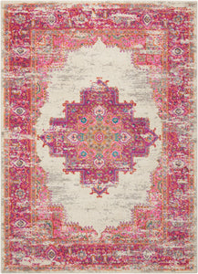 5’ x 7' Ivory and Fuchsia Distressed Area Rug