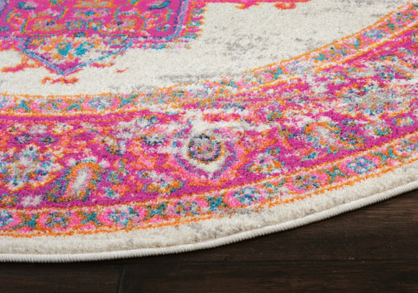 5’ Round Ivory and Fuchsia Distressed Area Rug