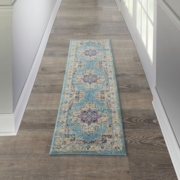 2’x6’ Light Blue Distressed Medallion Runner Rug